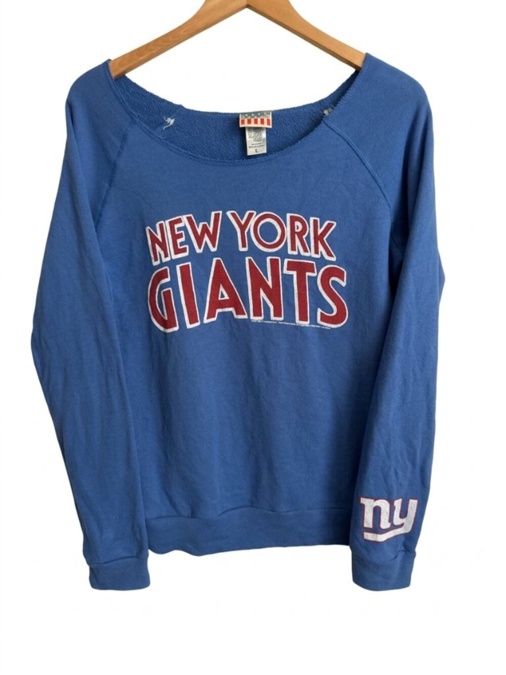 Junk Food New York Giants Sweatshirt Large Blue Boat Neck Raglan NFL Football